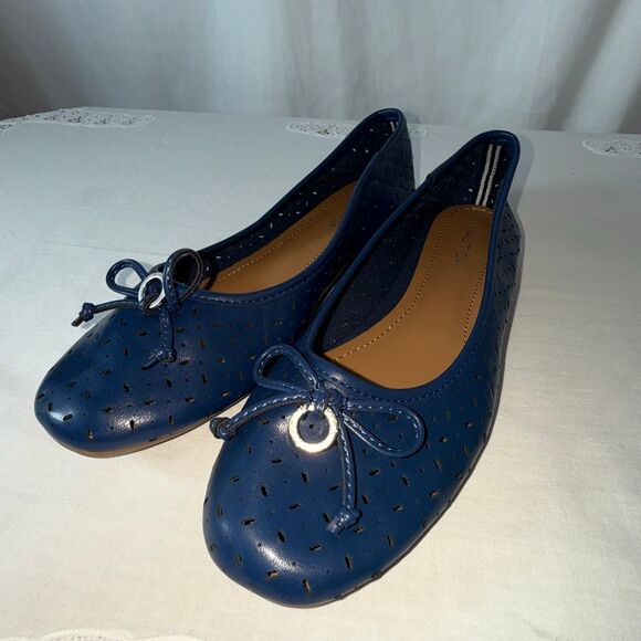 Nautica Navy Blue Perforated Ballet Flats | Bow Accent Slip-On Shoes | Casual Co - Picture 2 of 11